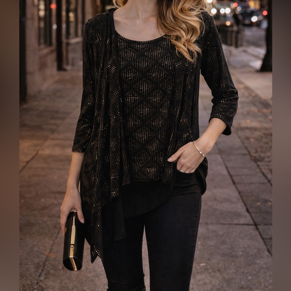JM Collection Gold Studded Layered Hi-Lo Top | Business Casual Bling Tunic | XL
